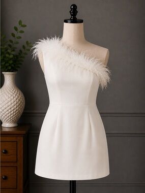 One Shoulder Off White Feather Trim Mini Dress
